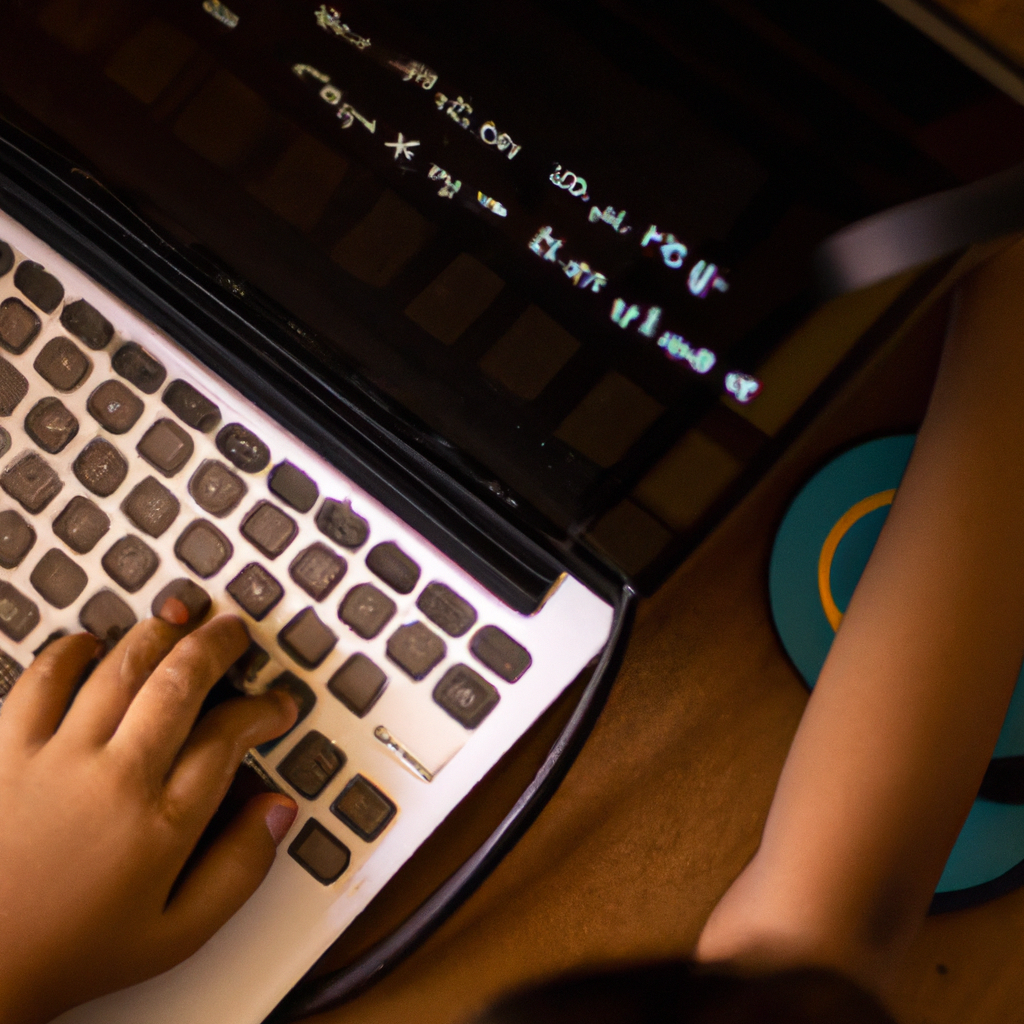 Child typing Python code on a laptop